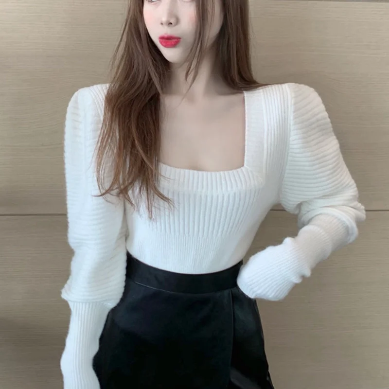 2020 Autumn Winter Korean Sweet Knitted Sweater Square Collar Puff Long Sleeve Knitwear Causal Solid Short Pullover Pull Femme
2020 Autumn Winter Korean Sweet Knitted Sweater Square Collar Puff Long Sleeve Knitwear Causal Solid Short Pullover Pull Femme