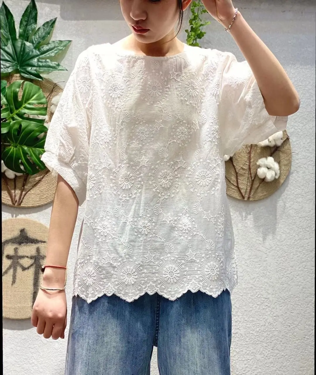 New Summer solid 3D flower Embroidery Shirt Tops short sleeve Casual wear 289