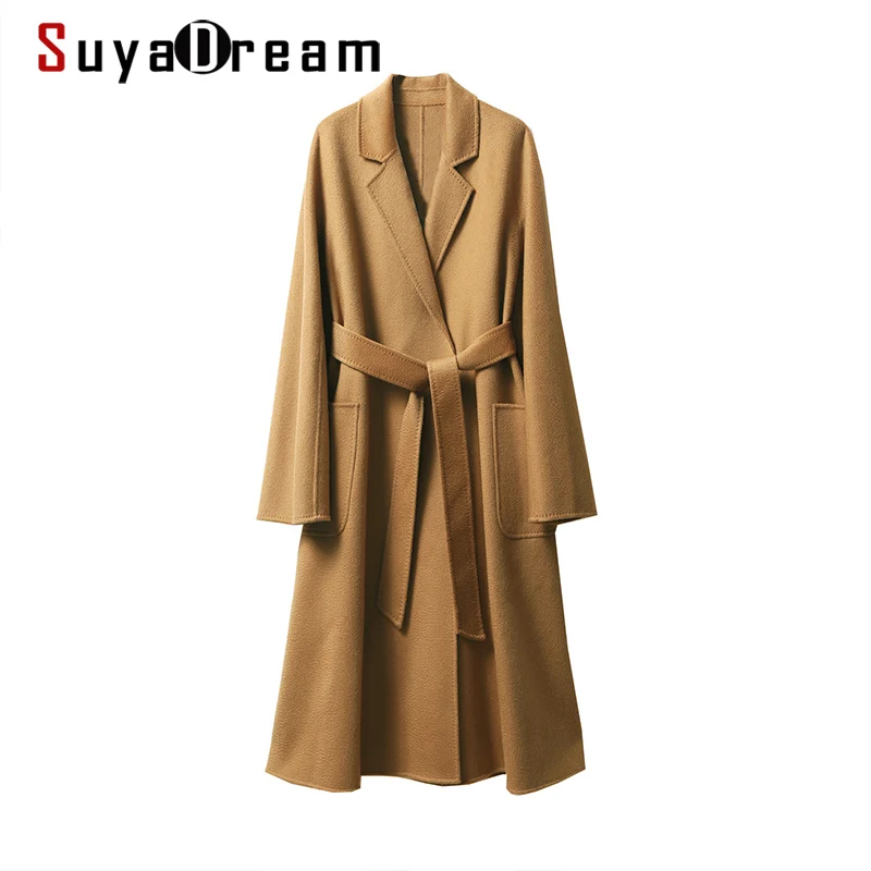 SuyaDream Женское шерстяное пальто ручной работы 100% шерсть женские ремни с двумя