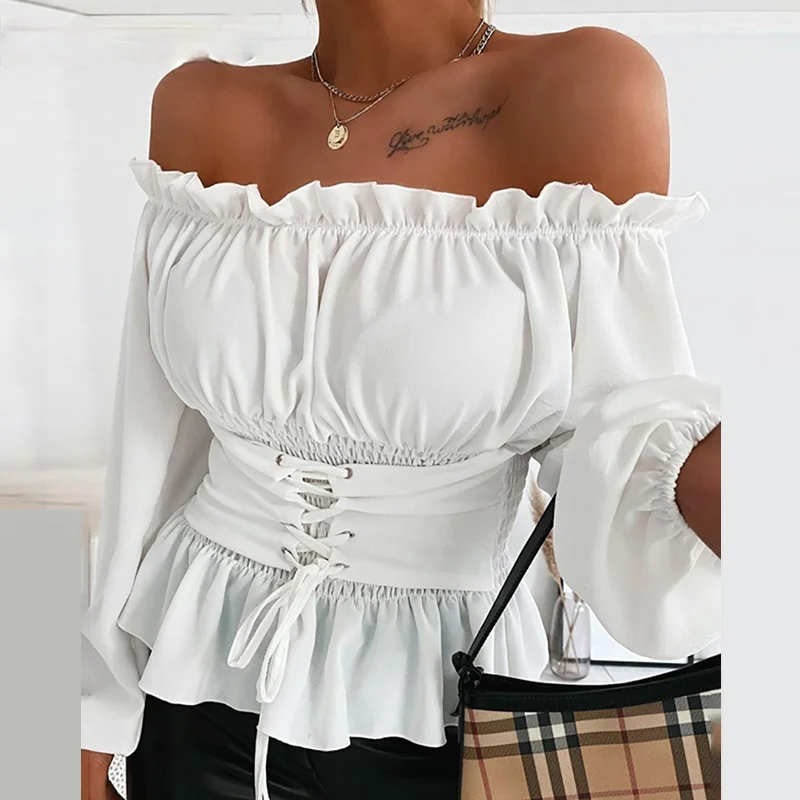 2021 Women Autumn Solid Off Shoulder Blouse Shirt Sexy Slash Neck Long Sleeve Lace Up Corset Blouses Fall Blusas Mujer De Moda
2021 Women Autumn Solid Off Shoulder Blouse Shirt Sexy Slash Neck Long Sleeve Lace Up Corset Blouses Fall Blusas Mujer De Moda