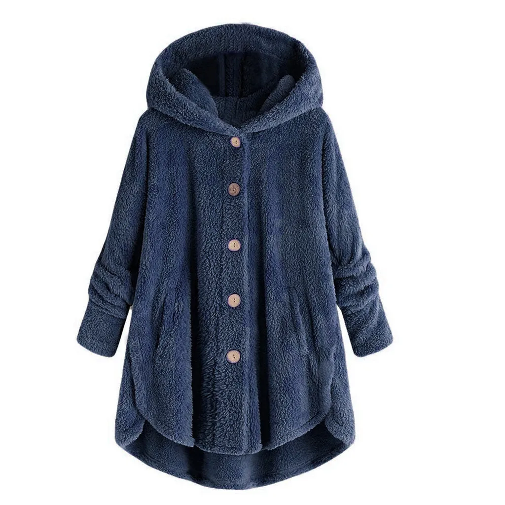 Женское пальто размера плюс с пуговицами плюшевые топы капюшоном Свободный