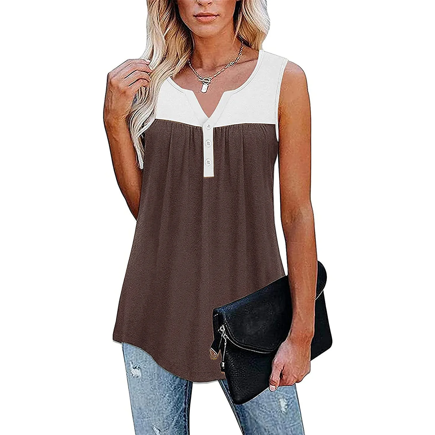 Women Summer Sleeveless T Shirts V Neck Button Solid Color Color Matching Tank Vest Pleated Patchwork Lady Loose Tank Tops
Women Summer Sleeveless T Shirts V Neck Button Solid Color Color Matching Tank Vest Pleated Patchwork Lady Loose Tank Tops
