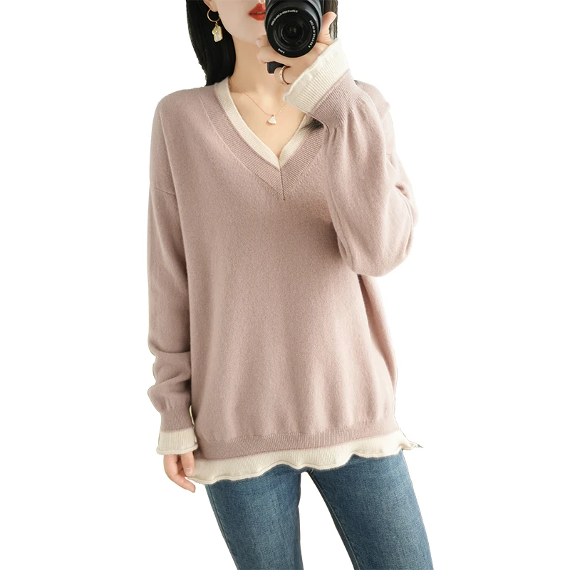 Spring Autumn Women's Sweater Double V-Neck Loose 100% Wool Female Pullover Sweaters Woman's Jumper Pull Femme Knit Tops Clothes 
Spring Autumn Women's Sweater Double V-Neck Loose 100% Wool Female Pullover Sweaters Woman's Jumper Pull Femme Knit Tops Clothes