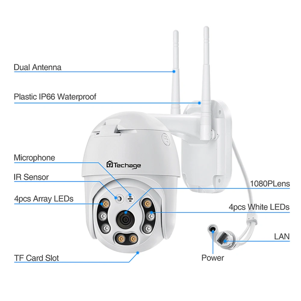 Techage 1080P Wireless PTZ WiFi IP Camera 2MP Smart AI Outdoor Waterproof Security Camera Humanoid Detection Color Night Vision
Techage 1080P Wireless PTZ WiFi IP Camera 2MP Smart AI Outdoor Waterproof Security Camera Humanoid Detection Color Night Vision