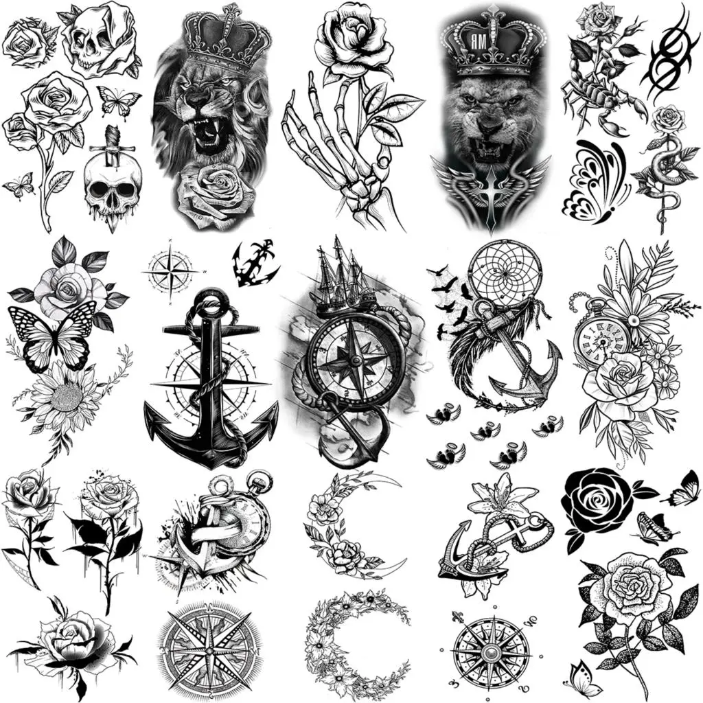 

3D Black Anchor Rose Flower Temporary Tattoos For Women Adult Men Compass Skull Lion Moon Fake Tattoo Body Art Hand Small Tatoos