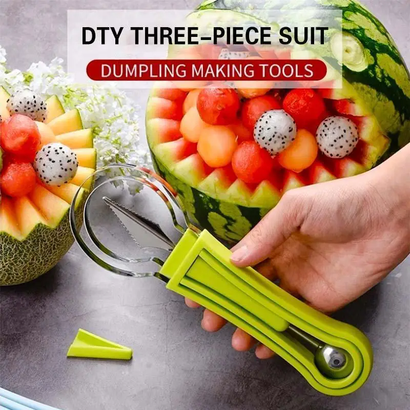 

4 In 1 Melon Baller Scoop Stainless Steel Watermelon Cutter Fruit Carving Tool Set for Fruit Slicer Dig Pulp Separator Dropship