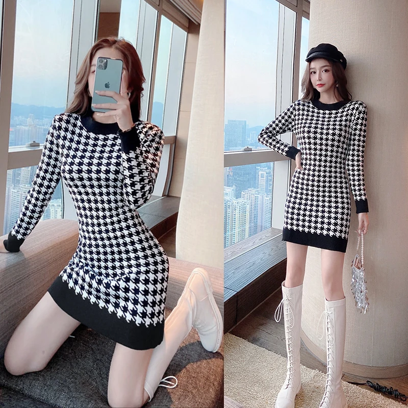 Autumn Houndstooth Sweater Dress women o-neck slim sexy temperament base dress New knitted dresses Vestido Da Festa
Autumn Houndstooth Sweater Dress women o-neck slim sexy temperament base dress New knitted dresses Vestido Da Festa