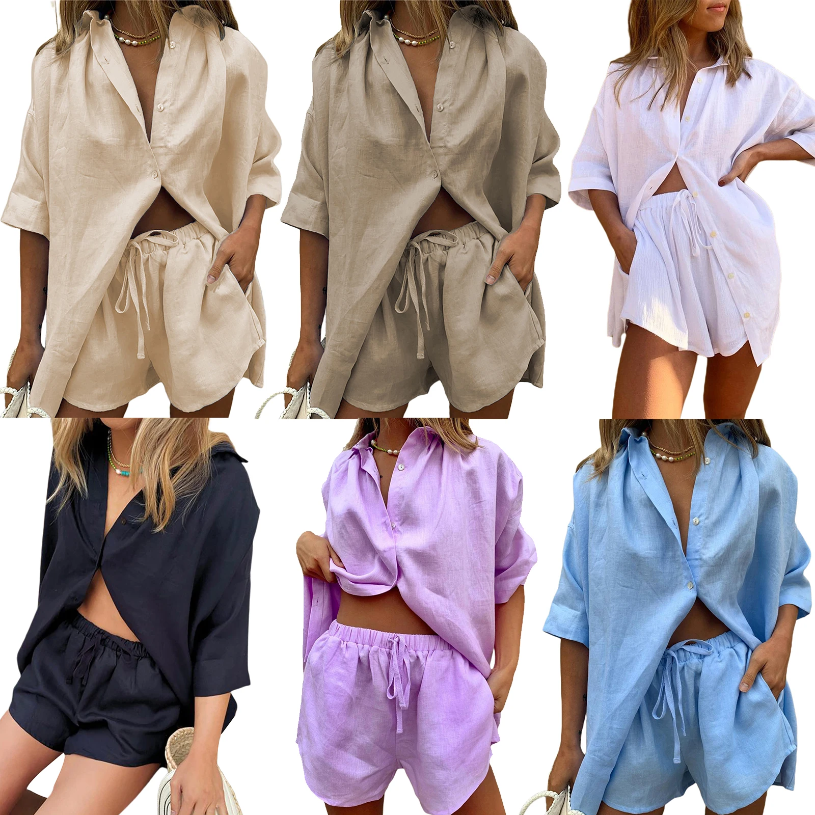2021 New Fashion Casual Women Solid Color Clothes Set, Half Sleeve Lapel Neck Button-up Shirt+Irregular Hem Drawstring Shorts
2021 New Fashion Casual Women Solid Color Clothes Set, Half Sleeve Lapel Neck Button-up Shirt+Irregular Hem Drawstring Shorts