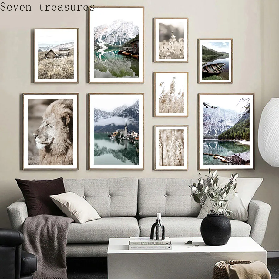 

Desert Tree Mountain Forest Lake Lion Reed Wall Art Canvas Painting Nordic Posters And Prints Wall For Living Room Decor Picture