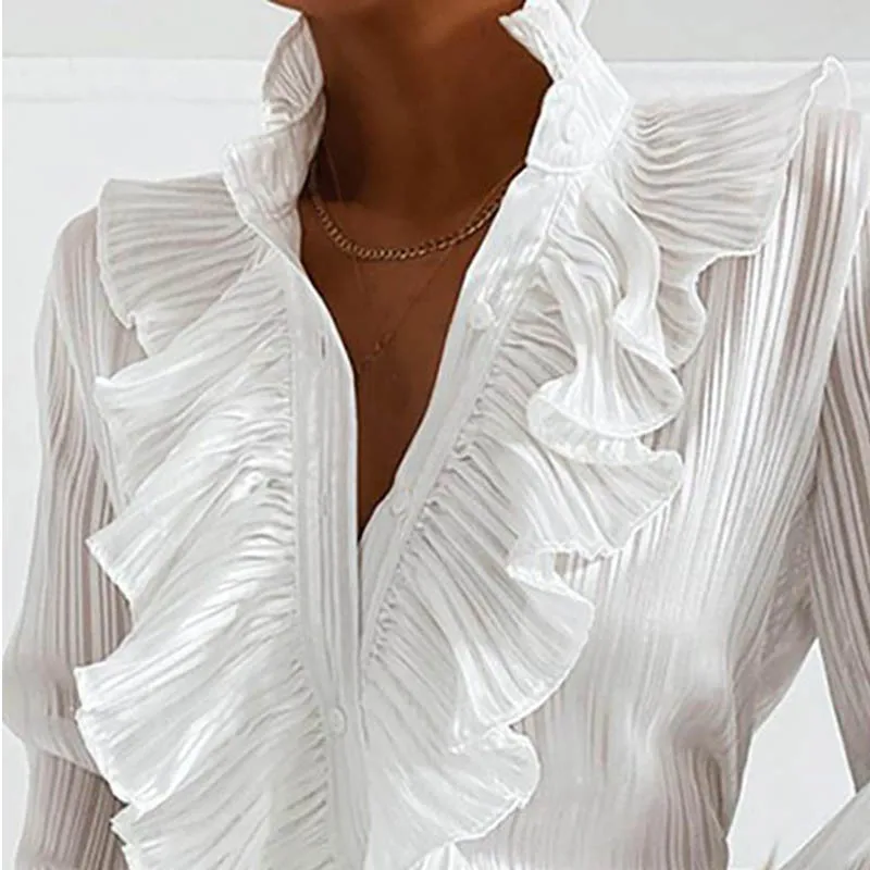 Spring And Autumn Fashion Sexy Style Long-Sleeved T-Shirt Deep V-Neck Slim Ladies Solid Color Ruffled Tops Simple Casual Mesh
Spring And Autumn Fashion Sexy Style Long-Sleeved T-Shirt Deep V-Neck Slim Ladies Solid Color Ruffled Tops Simple Casual Mesh