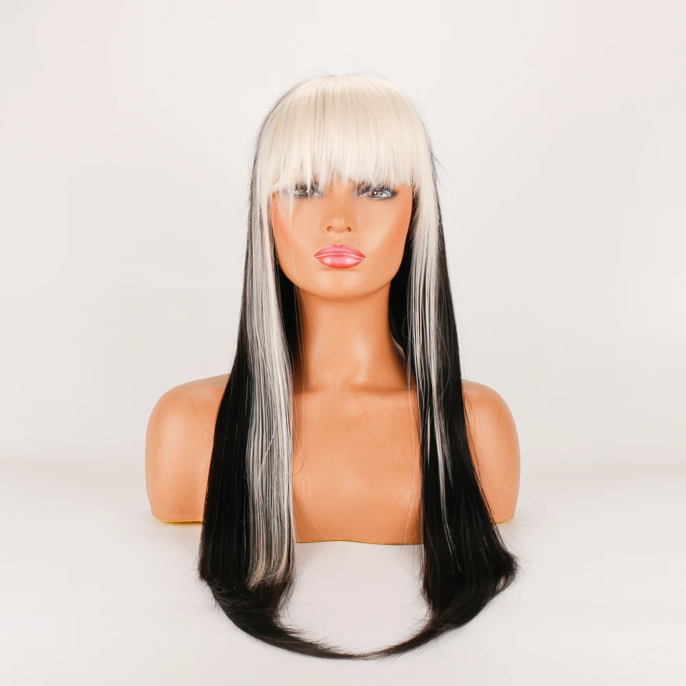 

DLME Synthetic Long Straight Hair With White Bang Heat Resistant Fiber White Black Layered Synthetic Cosplay Wig Lolita Anime