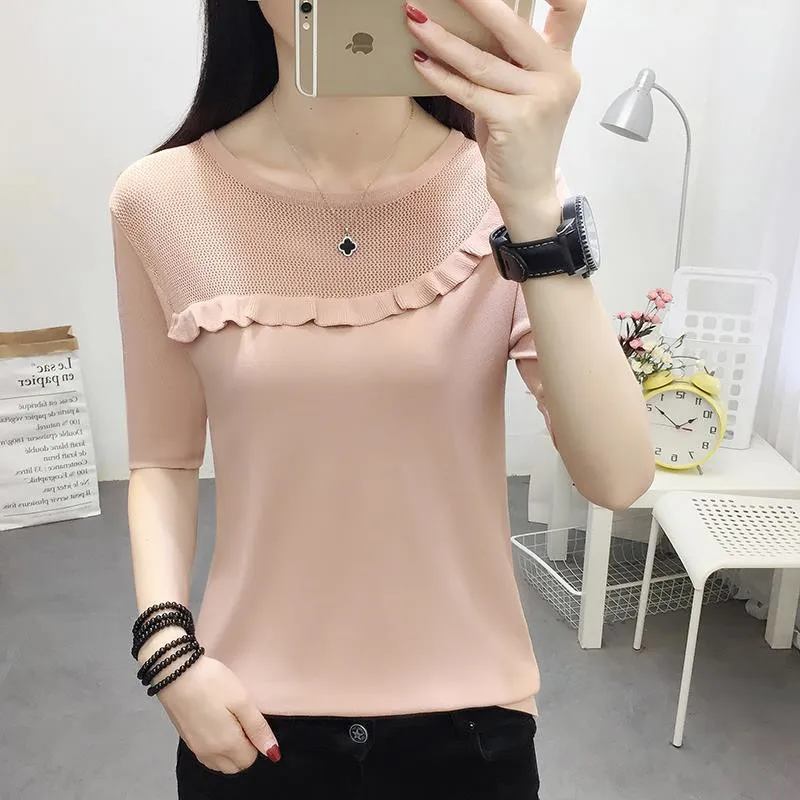 Summer Women's Ice Silk Short-sleeved Hollow 2021 New Bottoming Shirt Top Loose Wild Round Neck Slim Sweater
Summer Women's Ice Silk Short-sleeved Hollow 2021 New Bottoming Shirt Top Loose Wild Round Neck Slim Sweater