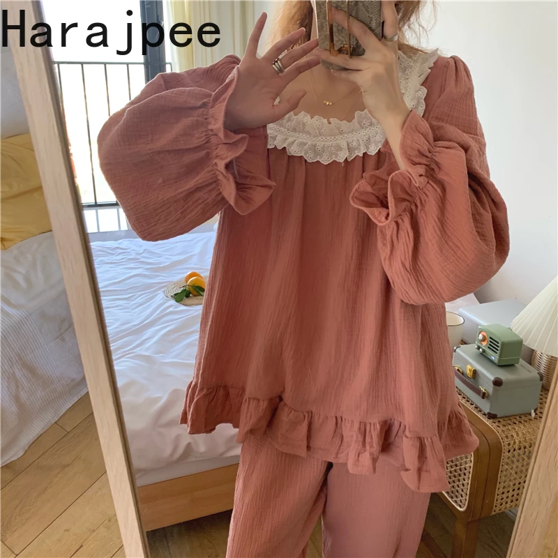 Harajpee Women Pajamas 2021 Spring Autumn Korean Sweet Mori Girl Style Lace Double-Layer Cotton Yarn Long-Sleeved Home Wear Suit
Harajpee Women Pajamas 2021 Spring Autumn Korean Sweet Mori Girl Style Lace Double-Layer Cotton Yarn Long-Sleeved Home Wear Suit