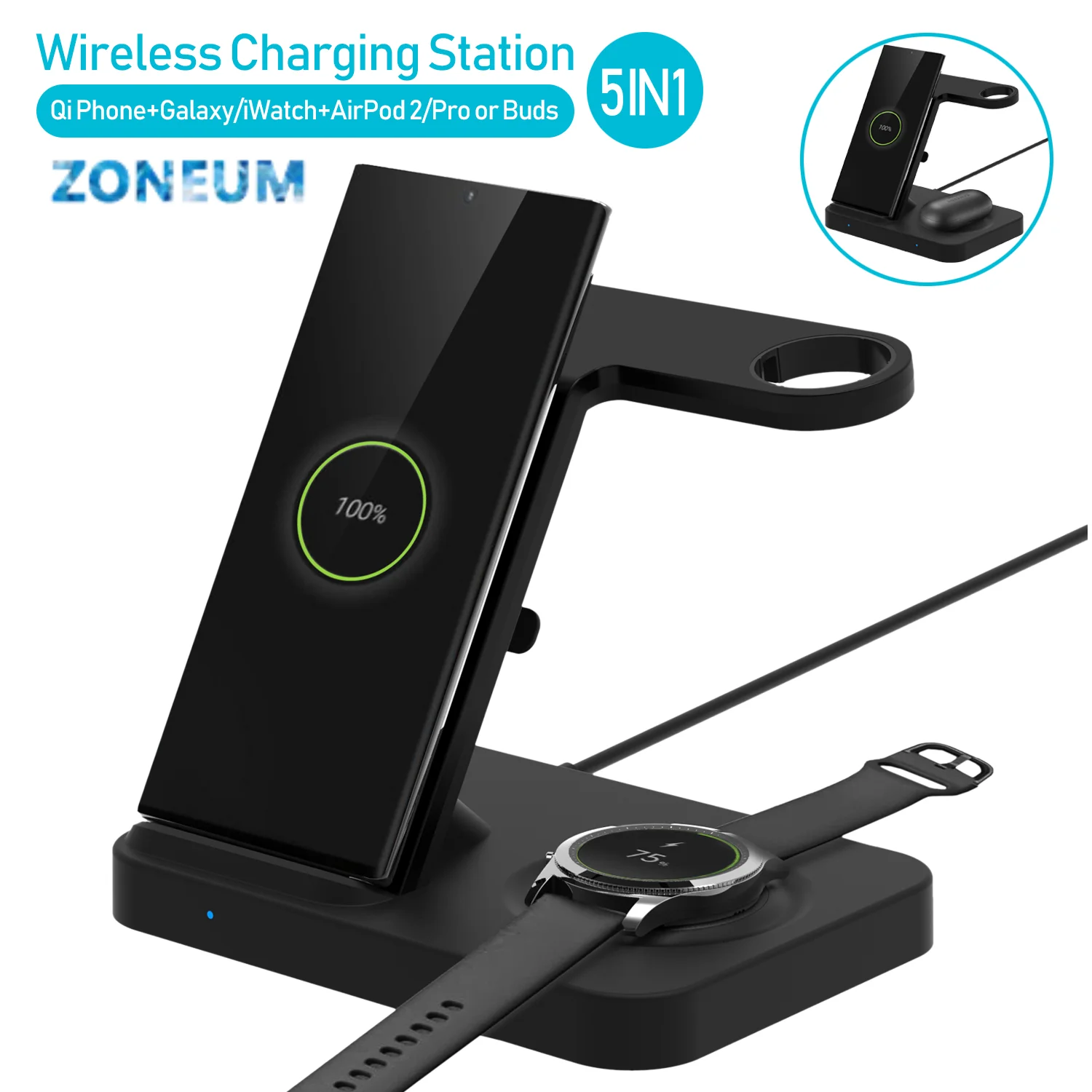 ZONEUM5 in 1 Qi Wireless Charger 15W Fast Charging For Samsung S20 Galaxy Watch buds pro iPhone 12 11 X Xmax iWatch Airpods Pro
ZONEUM5 in 1 Qi Wireless Charger 15W Fast Charging For Samsung S20 Galaxy Watch buds pro iPhone 12 11 X Xmax iWatch Airpods Pro