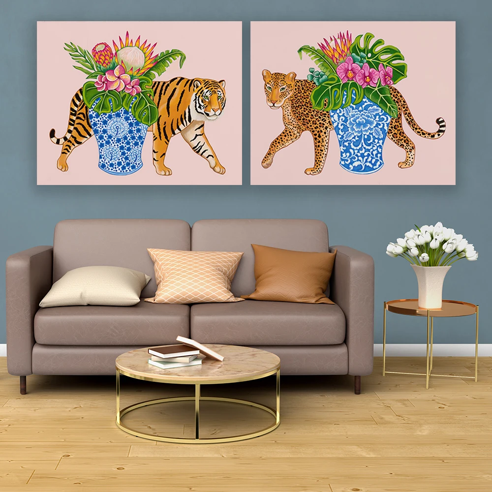Art Prints Chinoiserie Tiger and Leopard with Blue and White Ginger Jar Vase Monstera and Alocasia leaves Orchids and Plumeria
Art Prints Chinoiserie Tiger and Leopard with Blue and White Ginger Jar Vase Monstera and Alocasia leaves Orchids and Plumeria