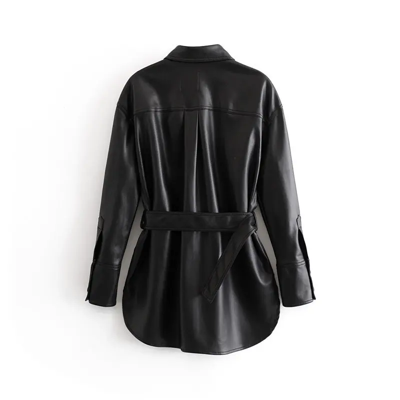 Black Single Breasted Full Solid Woman Pu Leather Coat with Belt Pockets Buttons Ladies Tops Turn-down Collar Plus Size Coats 
Black Single Breasted Full Solid Woman Pu Leather Coat with Belt Pockets Buttons Ladies Tops Turn-down Collar Plus Size Coats