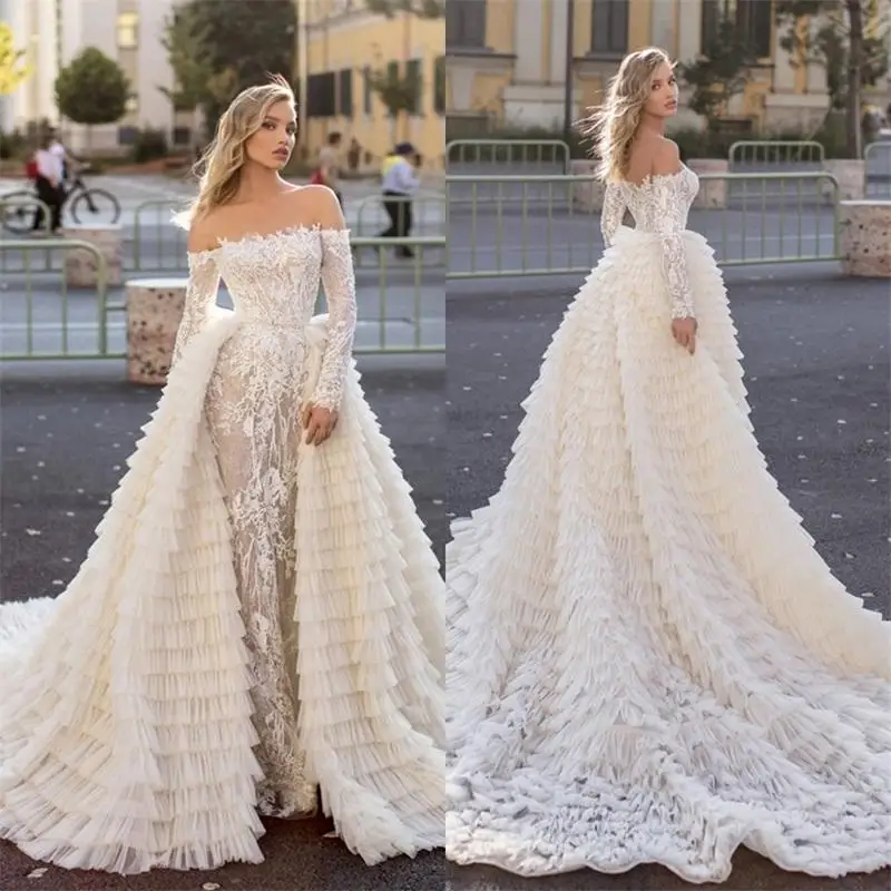 Luxury Mermaid Wedding Dresses with Detachable Train Off Shoulder Long Sleeve Lace Ruffles Puffy Skirt Bridal Gowns Plus Size
Luxury Mermaid Wedding Dresses with Detachable Train Off Shoulder Long Sleeve Lace Ruffles Puffy Skirt Bridal Gowns Plus Size