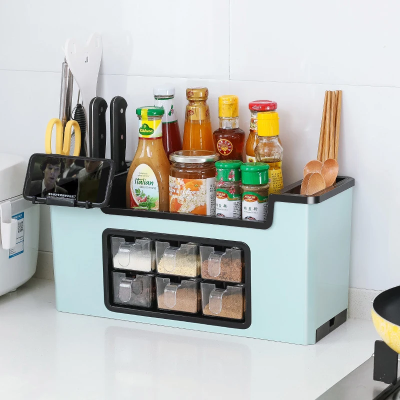 Kitchen Rack Used for Storage of Seasoning Jars and Knife Holders With Mobile Video Stand Kitchen Accessories Organizer 
Kitchen Rack Used for Storage of Seasoning Jars and Knife Holders With Mobile Video Stand Kitchen Accessories Organizer