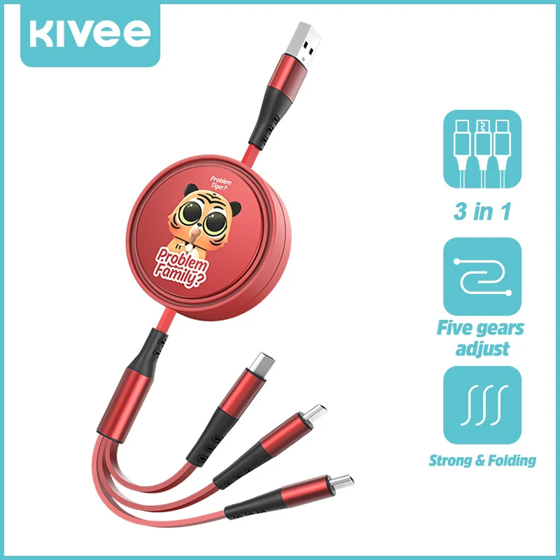 

Kivee 3in1 USB Portable Retractable Data Line for iPhone Type C Micro Fast Charging 3A 2A Cable for iPhone Samsung Xiaomi Cable