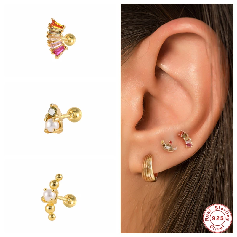 

GS 925 Sterling Silver Colored Zircon Mosaic Earring Climber For Women Imitation Pearl Beads Line Shape Cartilage Ear Studs