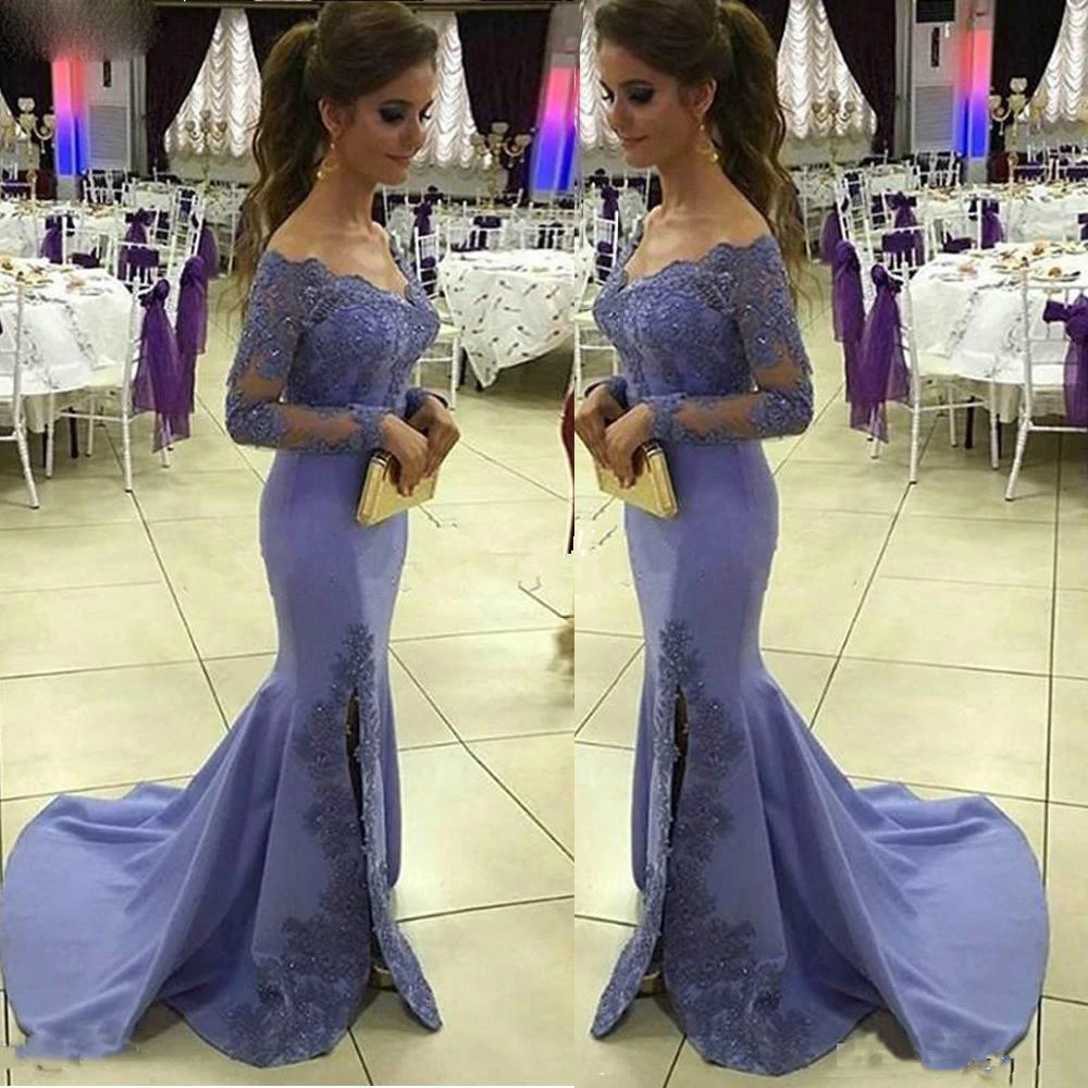 2022 Lilac Long Sleeve Evening Dresses Off Shoulders Lace Side Split Sweep Train Formal Party Gowns Custom Made
2022 Lilac Long Sleeve Evening Dresses Off Shoulders Lace Side Split Sweep Train Formal Party Gowns Custom Made
