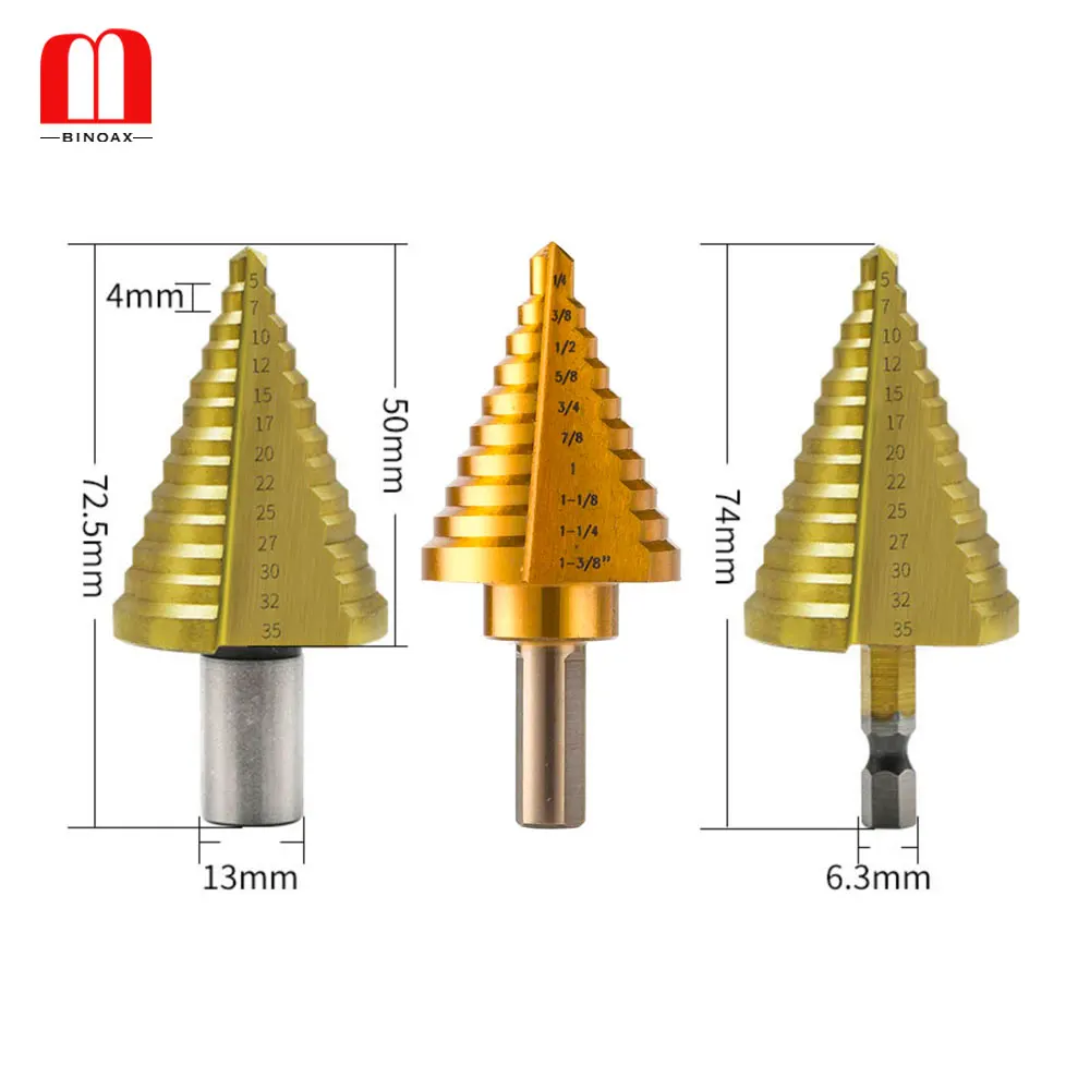 

BINOAX HSS Step Drill Tool 5-35MM 13 Steps Multiple Hole Metals Platic Wood Cone Drill Bits