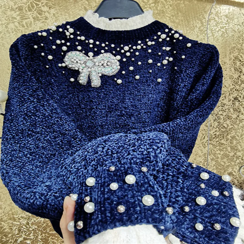 Heavy industry beaded pearl ruffled beaded bow knitted sweater women loose bottoming top pullovers
Heavy industry beaded pearl ruffled beaded bow knitted sweater women loose bottoming top pullovers