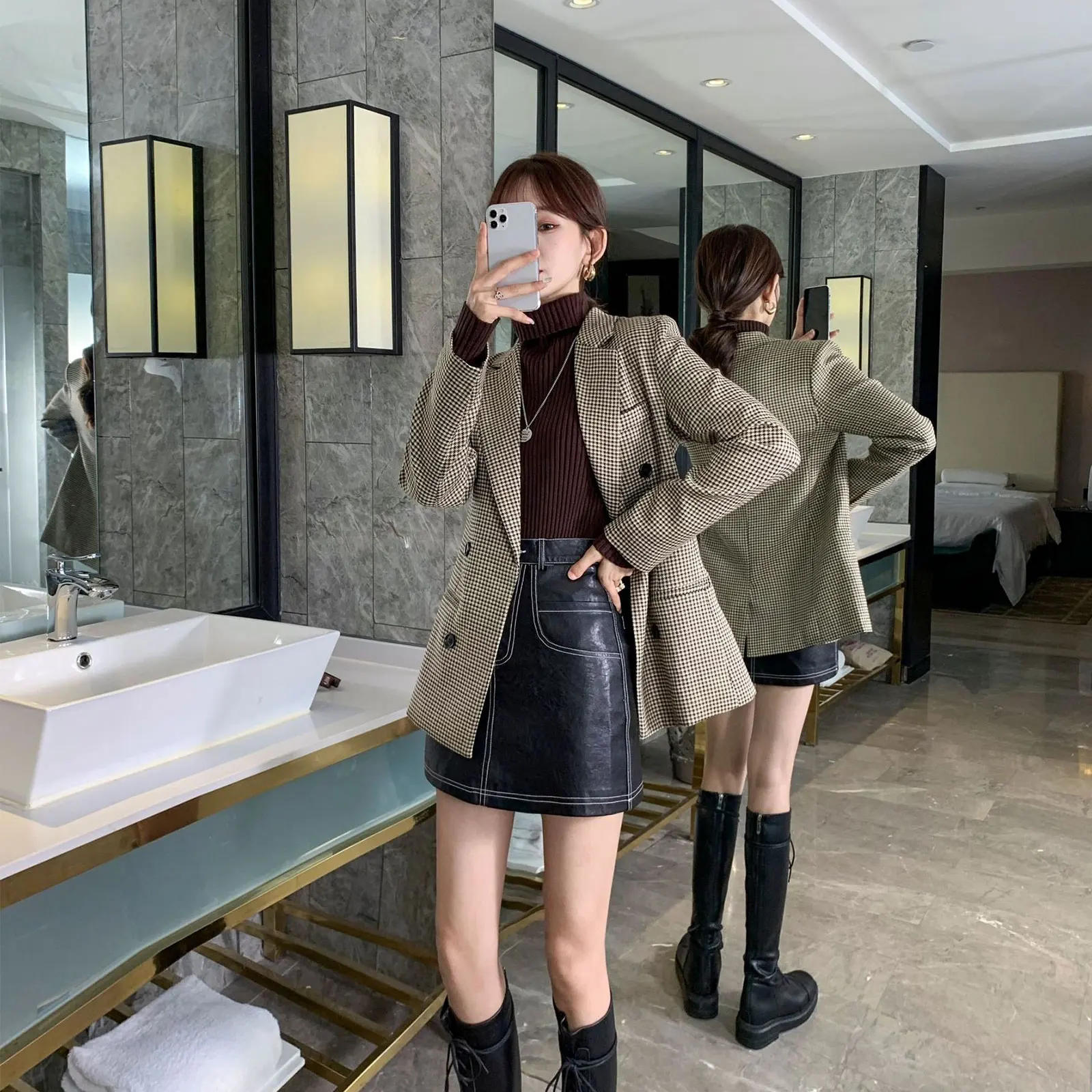 Women's Coffee Suit Dress Spring And Autumn Two Piece Suit Temperament Korean British Coat
Women's Coffee Suit Dress Spring And Autumn Two Piece Suit Temperament Korean British Coat