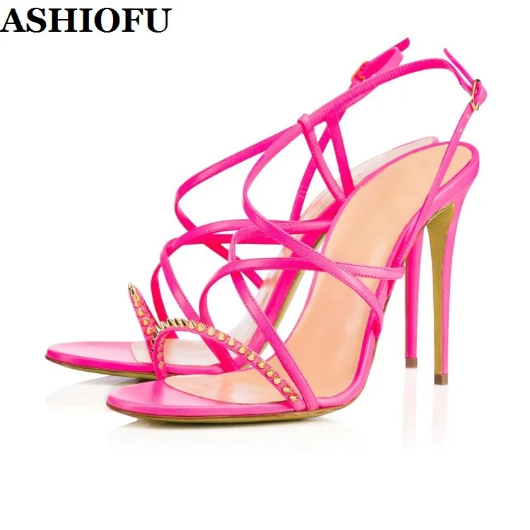 

ASHIOFU Handmade Ladies High Heel Sandals Strapped Roman Spikes Studs Party Summer Shoes Sexy Daily Wear Fashion Sandals Shoes