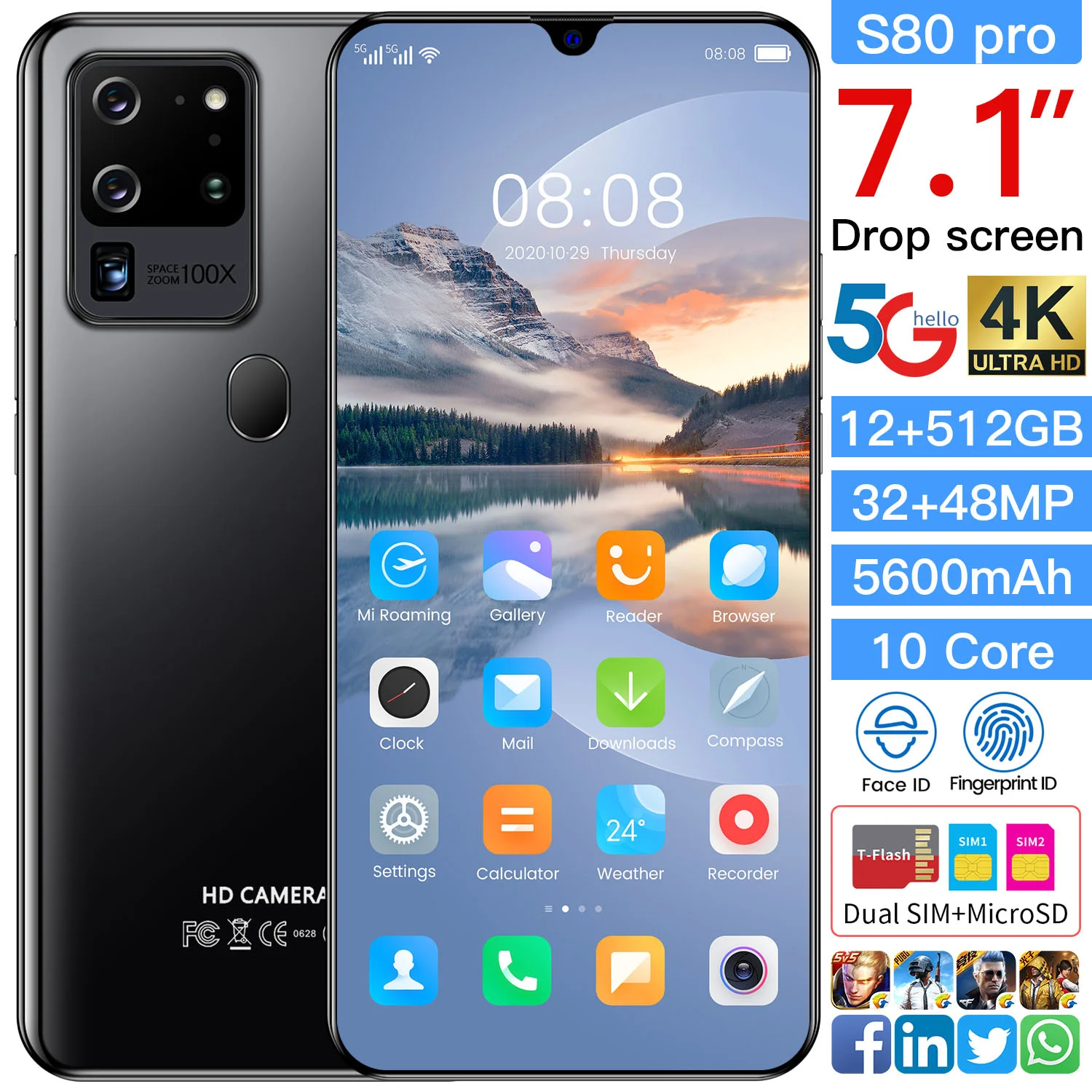 

Global Version S80 Pro 7.1 Inch 12GB RAM 512GB ROM 32+48MP Andriod 10 Smartphones 10 Core MTK6889 Dual SIM 4G LTE 5G Cell Phone