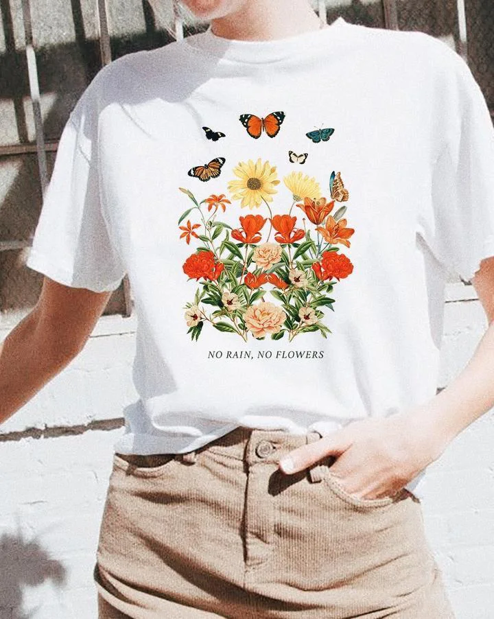 Featuring Flowers and Butterfly Graphics Shirts Summer Tops No Rain No Flowers Tee Vintage Inspired Graphic T-shirt
Featuring Flowers and Butterfly Graphics Shirts Summer Tops No Rain No Flowers Tee Vintage Inspired Graphic T-shirt
