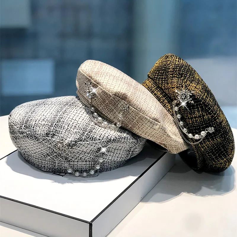 Beret Painter Octagonal for Cap Hats Diamond Decoration Pearls French Baret Embellishment Women Hat with Luxury Plaid Designer B
Beret Painter Octagonal for Cap Hats Diamond Decoration Pearls French Baret Embellishment Women Hat with Luxury Plaid Designer B