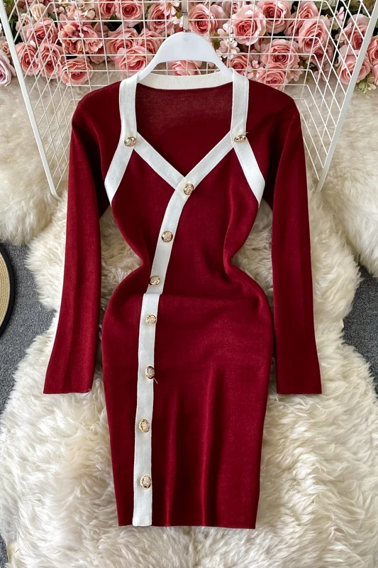 Elegant Buttons Design Color Patchwork Short Bodycon Ladies Office Dress Autumn Winter V-neck Knitted Sweater Dress
Elegant Buttons Design Color Patchwork Short Bodycon Ladies Office Dress Autumn Winter V-neck Knitted Sweater Dress
