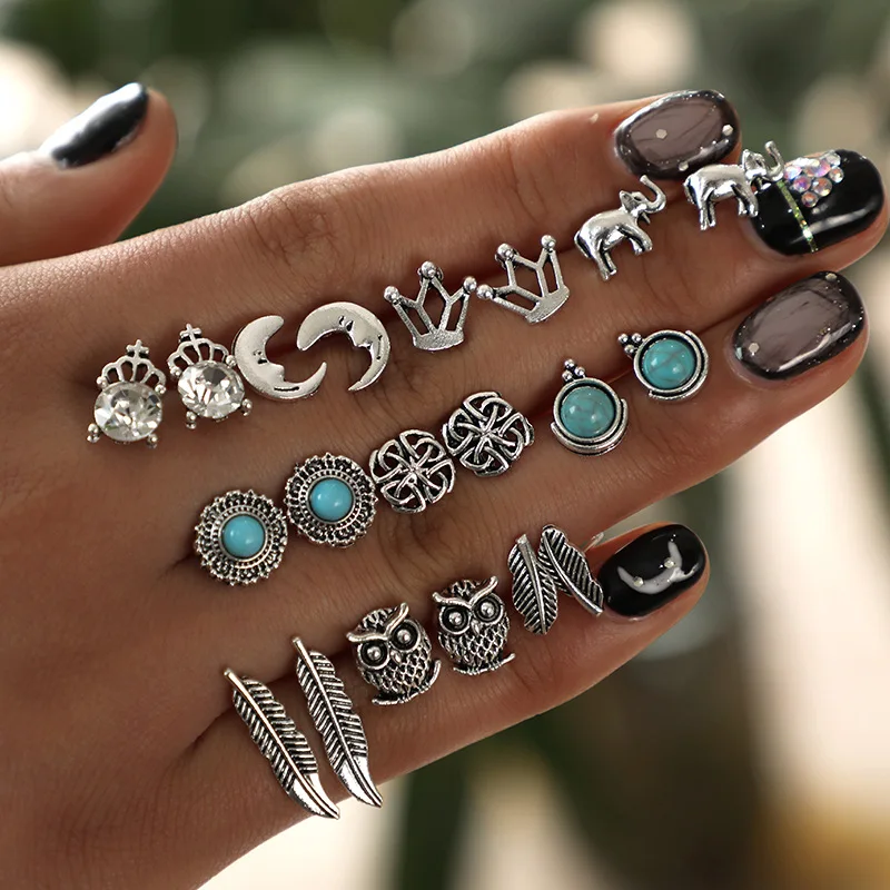 HuaTang 10 pairs Vintage Antique Silver Color Owl Earrings Set for Women Geometric Crystal Elephant Crown Stud Earring Jewelry
HuaTang 10 pairs Vintage Antique Silver Color Owl Earrings Set for Women Geometric Crystal Elephant Crown Stud Earring Jewelry