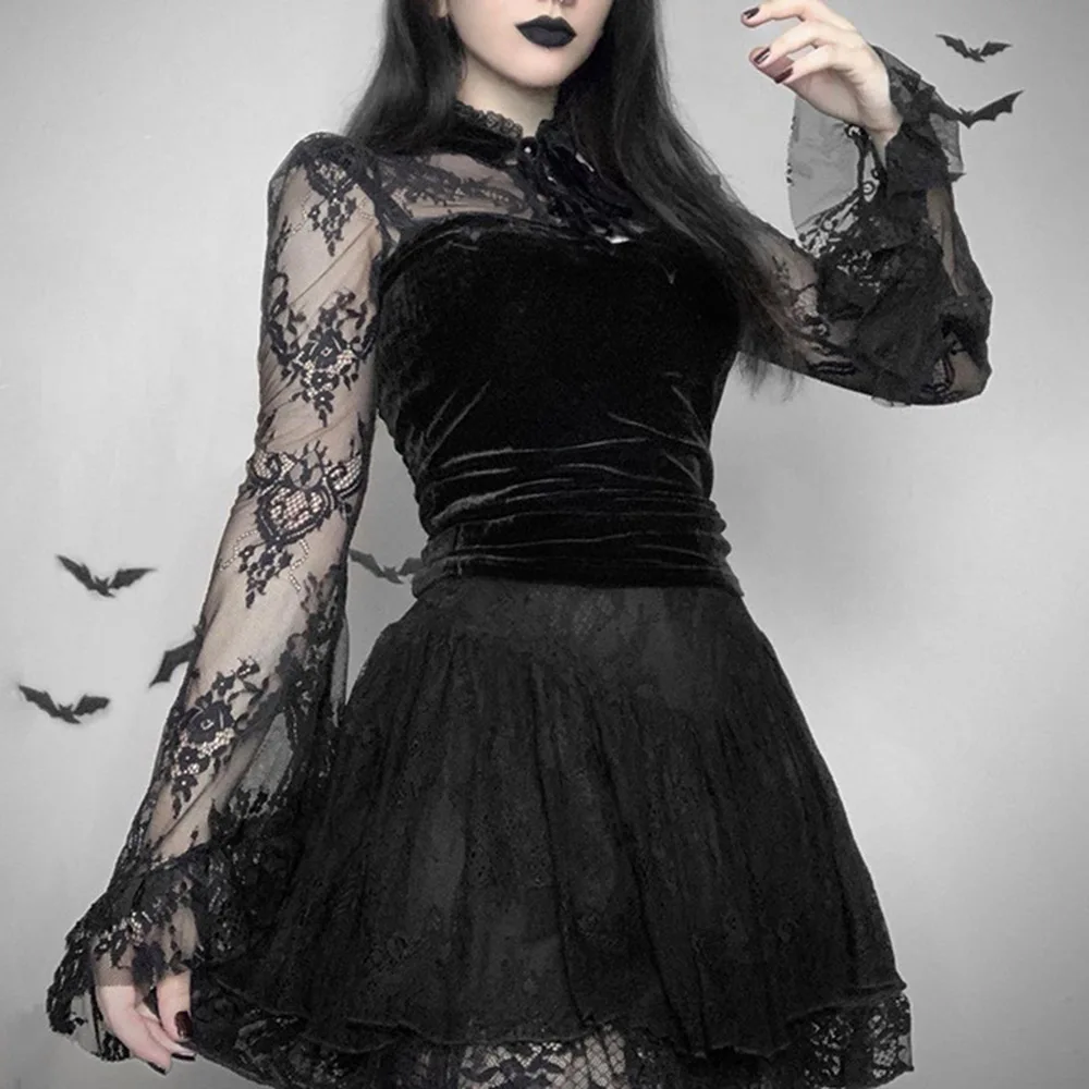 Retro Fashion Women Blouse Gothic Darkness Solid Long Sleeve Lace Pullover High Collar Slim Sexy Ladies Tops Patchwork Clothing
Retro Fashion Women Blouse Gothic Darkness Solid Long Sleeve Lace Pullover High Collar Slim Sexy Ladies Tops Patchwork Clothing