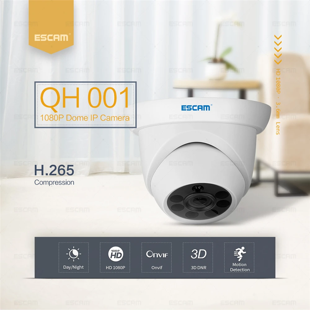 Фото ESCAM QH001 ONVIF H.265 1080P P2P ИК купольная IP камера с функцией интеллектуального анализа