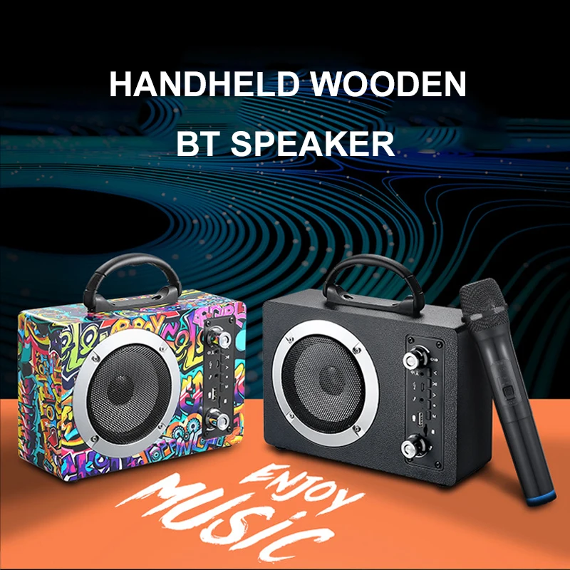 

M10 20W high-power wooden bluetooth speaker hip-hop graffiti style subwoofer portable outdoor wireless K song card U disk radio