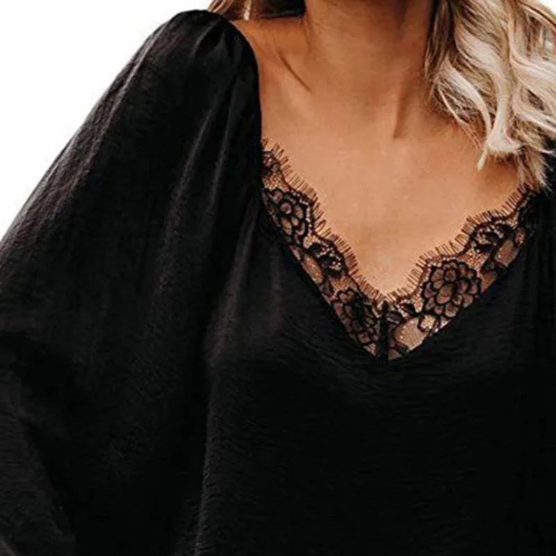 Fashion Women Solid Color V-neck Shirt Lace Stitching Neckline Shirt Personality Lantern Cuffs Long Sleeve Shirt
Fashion Women Solid Color V-neck Shirt Lace Stitching Neckline Shirt Personality Lantern Cuffs Long Sleeve Shirt