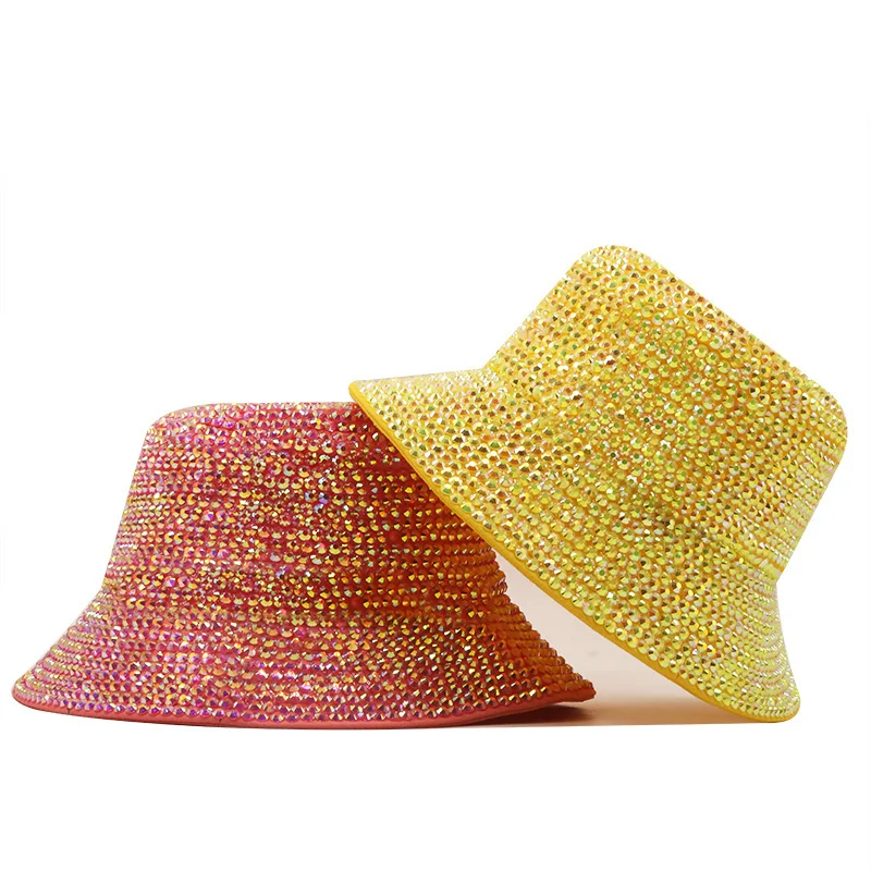 

luxury Diamond Bucket Hat Women Reversible Pu And Cotton Soild Sun Hat Fashion Bob Panama Autumn Girl Party Bling Fisherman Hat