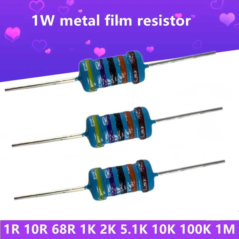 

1% Five-Color Ring Resistors 20Pcs/Lot 1W Metal Film Resistor 1R~2.2M 220 1K 1.5K 2.2K 4.7K 10K High Precision Ohm Resistance