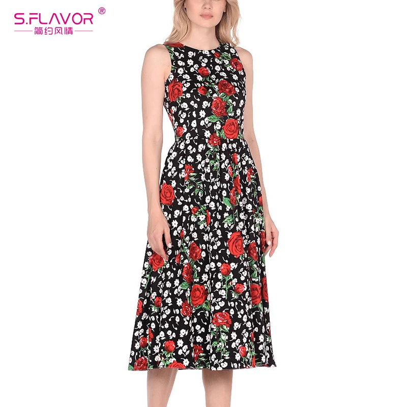 S. FLAVOR 2020 весенние женские платья с круглым вырезом без рукавов бохо цветочный