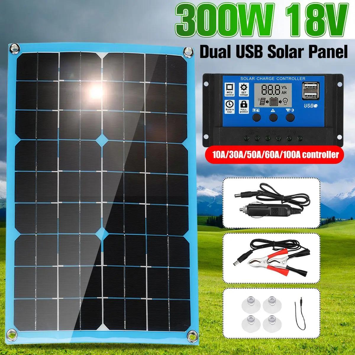 Solar Panel Kit 300W 18V Dual USB With 10A/30A/50A/60A/100A Controller Solar Cells for Car Yacht RV Boat Moblie Phone Charger
Solar Panel Kit 300W 18V Dual USB With 10A/30A/50A/60A/100A Controller Solar Cells for Car Yacht RV Boat Moblie Phone Charger