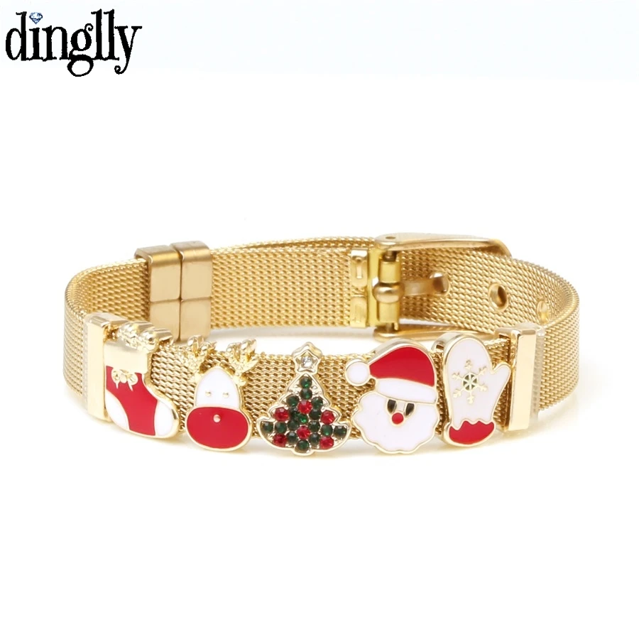 DINGLLY Золотые браслеты из нержавеющей стали с сетчатым плетением для женщин и мужчин, Рождественские бусы 10 мм, браслет с деревом-шармом и браслет на запястье.
