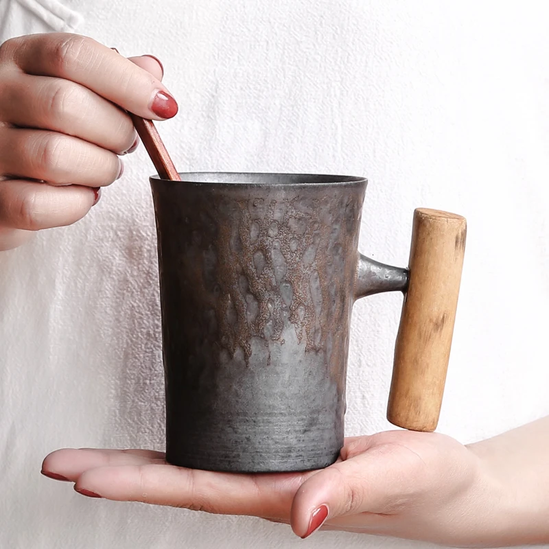 

Creative Japanese Ceramic Coffee Mug Tumbler Rust Glaze With Wooden Handle Tea Milk Beer Water Cup Home Office Drinkware 300ML