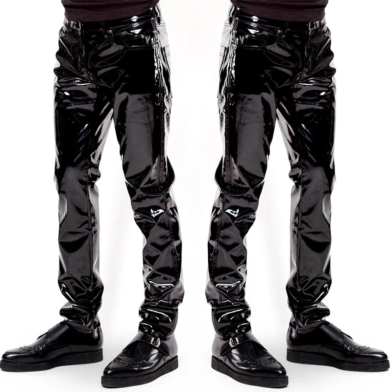 

New Mens Elastic Faux Leather PVC Pants Motorcycle Ridding Black Slim Fit Dance Party Trousers Biker Leather Pants For Male