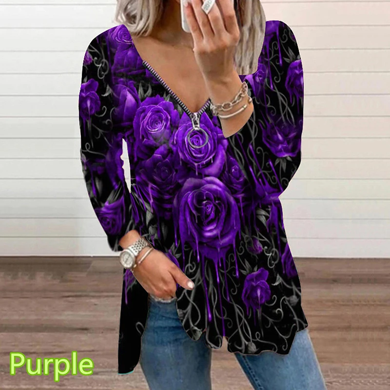 Женская хлопковая блузка на молнии с V-образным вырезом и цветочным принтом 
Женская хлопковая блузка на молнии с V-образным вырезом и цветочным принтом