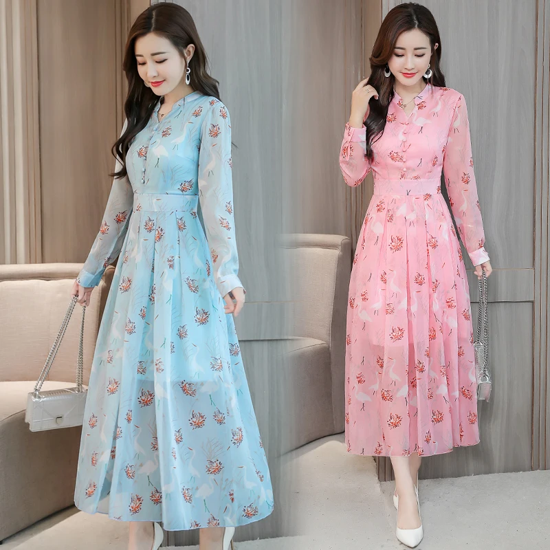 

Женское шифоновое платье с принтом, длинная юбка-качели выше колена в Корейском стиле на раннюю весну 2020
