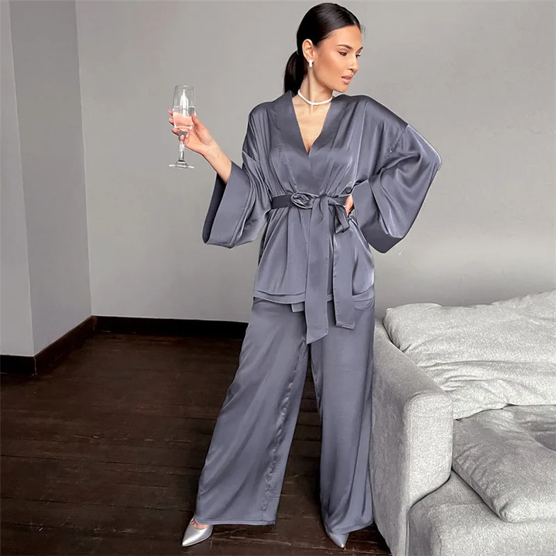 Spring Summer 2 Piece Pyjama Women Pajamas Sets Satin Slik Sleepwear Elegant Female Lounge Wear Solid Night Wear Robe Trousers
Spring Summer 2 Piece Pyjama Women Pajamas Sets Satin Slik Sleepwear Elegant Female Lounge Wear Solid Night Wear Robe Trousers