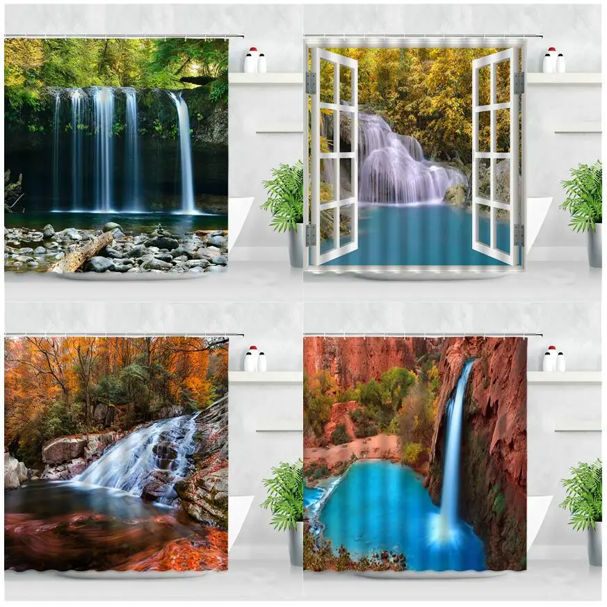 

Natural Scenery Waterproof Shower Curtains 3D Jungle Green Plants Red Maple Waterfall Landscape Home Bathroom Decor Bath Curtain