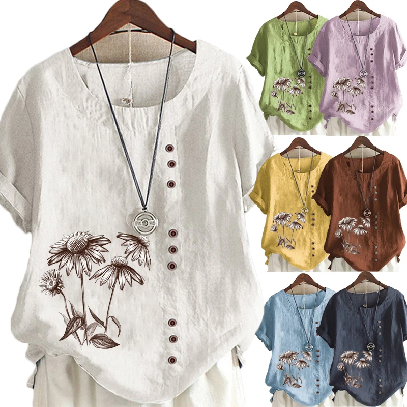 Women's New Fashion Linen Shirt Round Neck Short Sleeve Flowers Printed T-shirt Summer Ladies Casual Plus Size Blouse Tops
Women's New Fashion Linen Shirt Round Neck Short Sleeve Flowers Printed T-shirt Summer Ladies Casual Plus Size Blouse Tops